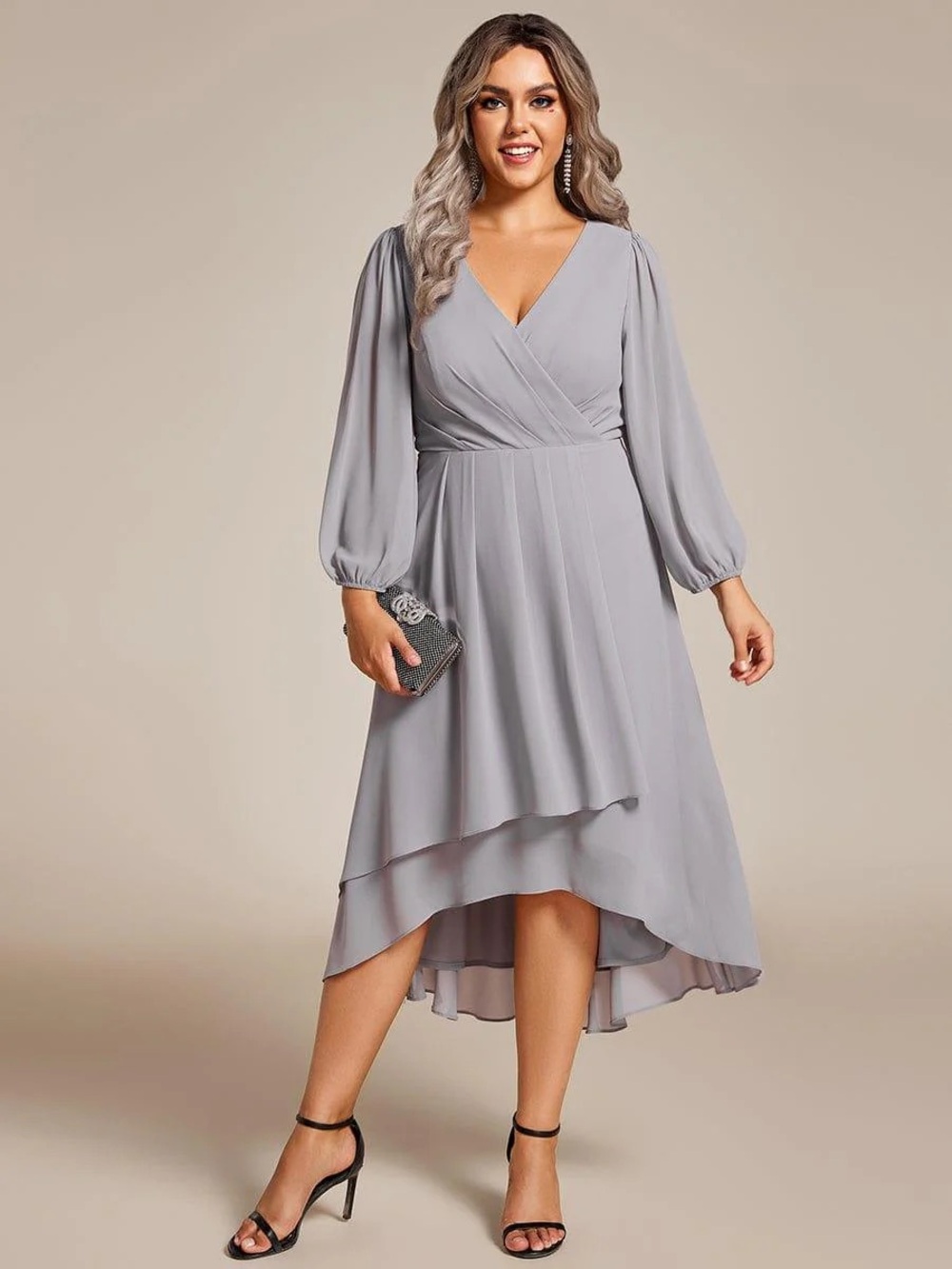 Ever Pretty Light Gray High-Low Surplice Midi Dress size 24